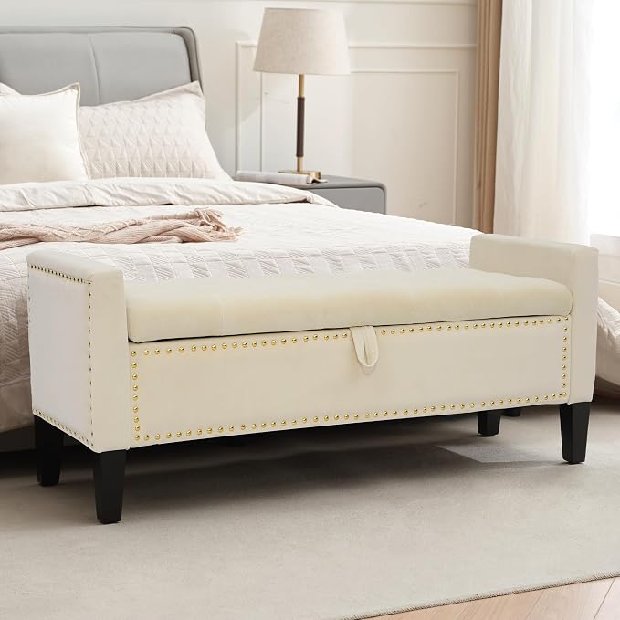 Velvet Ottoman with Storage, 46'' Upholstered Button Tufted End of Bed Bench with Arms, Modern Storage Bench for Living Room, Bedroom, Entryway, Beige