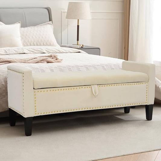 Velvet Ottoman with Storage, 46'' Upholstered Button Tufted End of Bed Bench with Arms, Modern Storage Bench for Living Room, Bedroom, Entryway, Beige