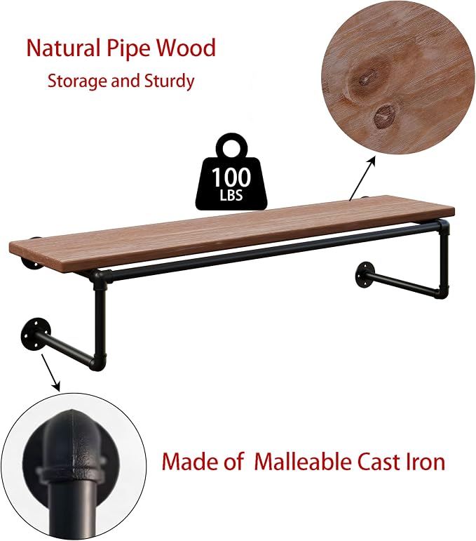 Clothes Rack 42in, Wall Mounted Garment Racks with Real Brown Wood Shelf, Heavy Duty Hanging Clothes Rack, Multi-Purpose Hanging Rod, Space-Saving Closet Storage