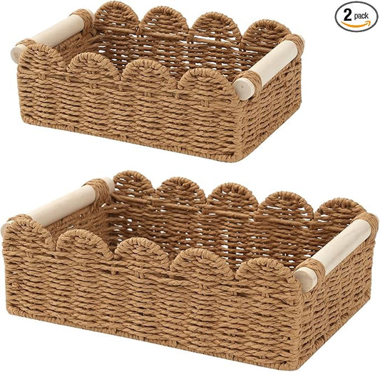 Wicker Storage Baskets, Scalloped Shelf Baskets, 2-Pack | 2 scalloped wicker baskets in large and small sizes; decorative shelf organizers with handles for bathroom and home storage.