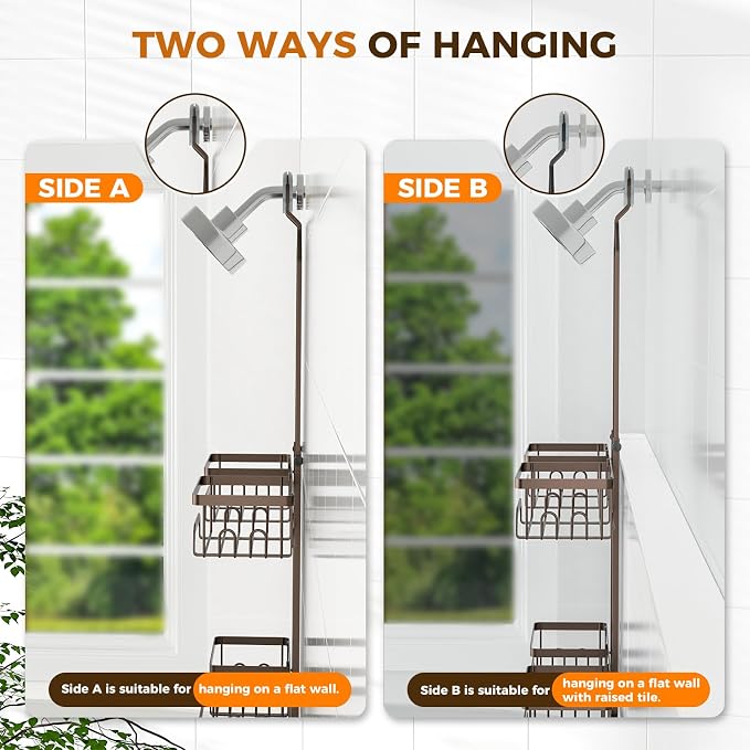 REINHARDT Split Shower Caddy Hanging for Handheld Showerheads, Bronze | Adjustable Shower Organizer, Rustproof, 16 Hooks, Soap Holder, 40lbs Capacity, Anti-Slip, Tool-Free, Bathroom Accessories