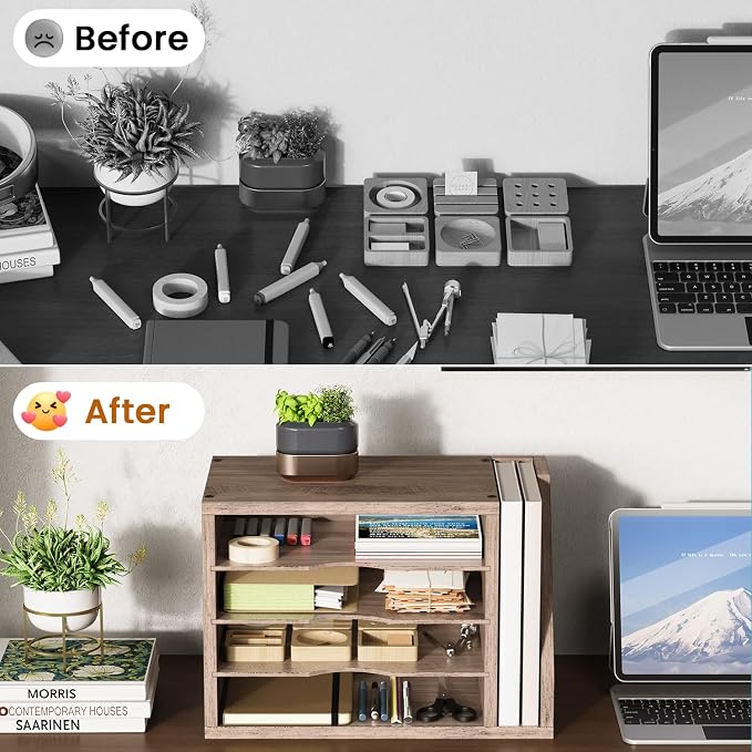 Wooden Mail Organizer, Desk Organizer with 3 Adjustable Shelves | Mail Sorter, File Organizer Desktop, Mail Holder for Home Office, Letter Sorter for Envelopes, Bills, Magazines, Greige