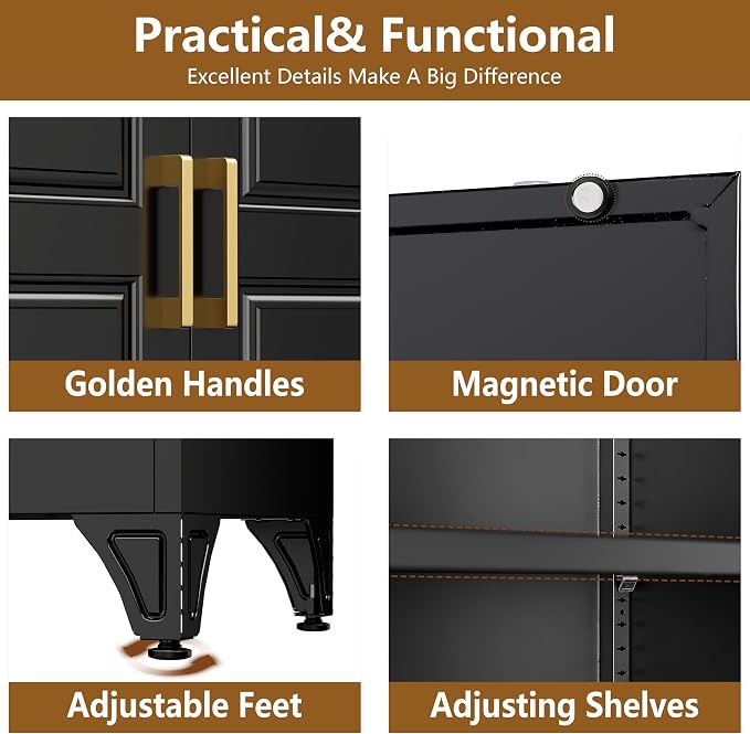 Polup 90" Pantry Cabinet, Tall Metal Storage Cabinet with Doors and Shelves | Black Kitchen Cabinet, 5 Adjustable Shelving, Heavy-Duty, 2 Gold Handles, 4 Standing Feet, for Dining Room Garage & Laundry