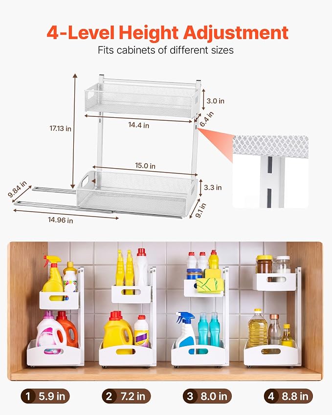 VEVOR Under Sink Organizer, 2 Pack 2-Tier Pull Out Cabinet Organizer with 4-Level Height Adjustment, Metal Slide Out Shelf, Multi-Purpose Cabinet Organizers and Storage for Bathroom & Kitchen, White