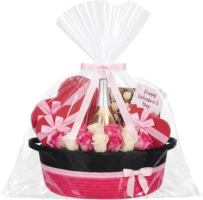 Colingmill 1 Set Woven Empty Basket for Gift,Black Hot Pink | with Cellophane Wrap Set, 14 x 10 x 5.5 Inch, Medium Decorative Gift Basket, Cotton Rope Storage Box, Home Decor