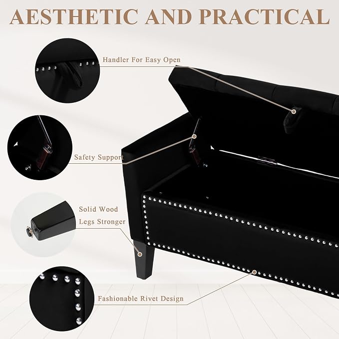 Velvet Storage Ottoman Bench, 46'' Upholstered Button Tufted End of Bed Bench, Modern Entryway Ottoman with Arms, Black
