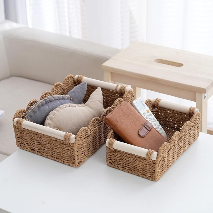 Wicker Storage Baskets, Scalloped Shelf Baskets, 2-Pack | 2 scalloped wicker baskets in large and small sizes; decorative shelf organizers with handles for bathroom and home storage.