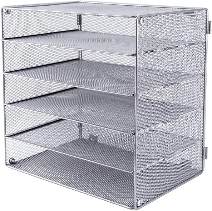 5 Slot Mesh Desk Organizer Tray, File Paper Letter Folder Holder Desktop Paper Sorter Mail Organization Rack Storage Accessories, for Office Home School Classroom, Silver