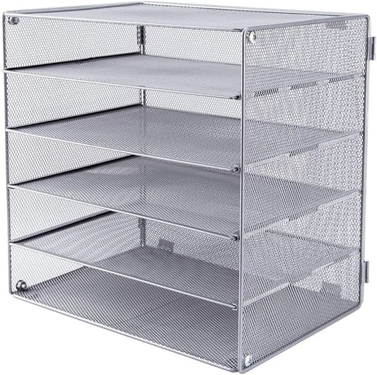5 Slot Mesh Desk Organizer Tray, File Paper Letter Folder Holder Desktop Paper Sorter Mail Organization Rack Storage Accessories, for Office Home School Classroom, Silver