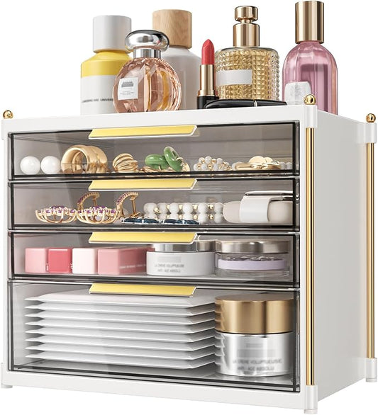 Aveniee 4 Drawers Makeup Organizer- Bathroom Organizers and Storage, Plastic Bins Countertop Perfume Vanity Desk Organization for Cosmetic, Skincare, Face Mask, Jewelry, White