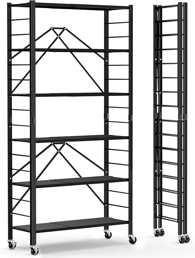 Himix 6-Tier Foldable Storage Shelves with Wheels Adjustable Kitchen Black