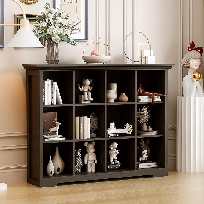 OSCHF 12-Cube Open Bookcase with Base, 3-Tier Wooden Bookshelf, Black | Curved Base, Crown Molding, Fits 11×11" Bins, Modern Storage Cabinet for Living Room, Bedroom, Home Office