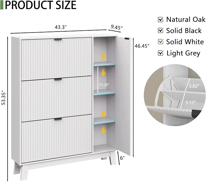 Xixini Shoe Cabinet with 3 Flip Drawers, 54" Tall Narrow Fluted Shoe Storage Organizer for Entryway, Hidden Wooden Shoe Rack with Adjustable Side Cabinet for Front Door Entrance, Hallway, Solid White