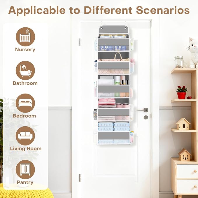 Over the Door Organizer, 5 Large Pocket Hanging Storage with 40lb Capacity | Space Saving Door Storage for Nursery, Bathroom, Bedroom and Closet, Baby Essentials and Toiletry Organizer, Grey
