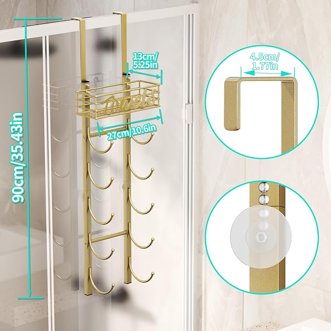 HapiRm Towel Racks for Bathroom Storage - 6 Tier Over The Door & Wall Mount Rolled Towel Storage Organizer Holder with Metal Shelf Basket for Small Bathroom, Camper, Rv - Gold, Patented