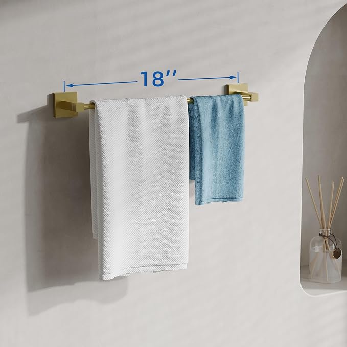 RUACQ Towel Bar 18" Towel Racks for Bathroom Wall Mounted, Brushed Gold | One-Piece Bath Towel Holder, Total Length 20 Inch Single Towel Rod, 304 Stainless Steel Rustproof, Square Base, Heavy Duty