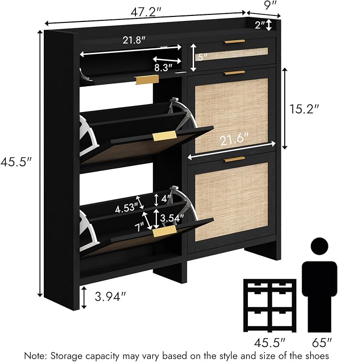 HOKYHOKY Large Rattan Shoe Storage Cabinet with 4 Flip Drawers & 2 Storages | Hidden Slim Shoe Organizer, Farmhouse Boho Narrow Shoe Rack, Large Tabletop Space, Entryway, Rustic Black