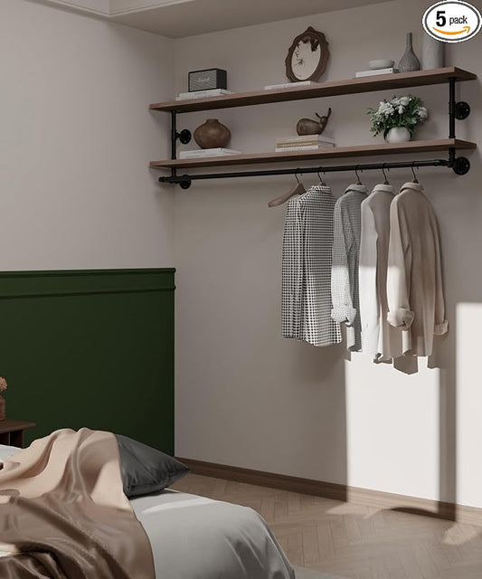 Clothes Rack 70in, 2-Tier Wall Mounted Garment Rack with Real Wood Shelf, Heavy Duty Hanging Clothes Rack, Multi-Purpose Hanging Rod, Space-Saving Closet Storage