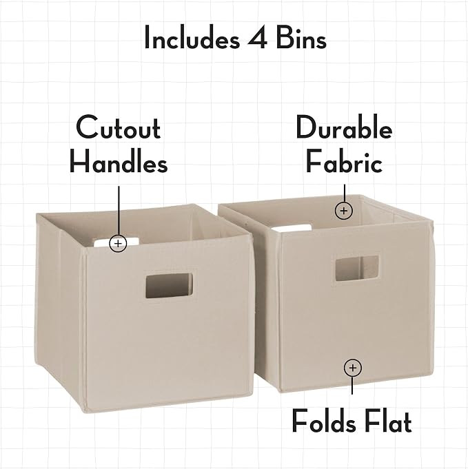 RiverRidge Folding Storage Bins - 4-pack of 10in Tall Taupe Cubes | Fabric Bins, Set of 4 Storage Cubes, Cut-out Handles, Playroom Closet Organizer, Collapsible Cubby with Bottom Board Insert