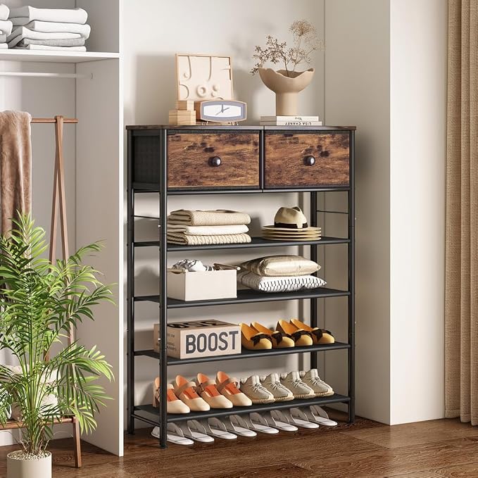 INGIORDAR 5 Tier Shoe Rack Storage Organizer with 2 Drawers MDF Board | Metal space-saving Shoe Shelf stores 20 Pairs of Shoes for Closet Entryway Bedroom Living Room Garage Black+Rustic Brown