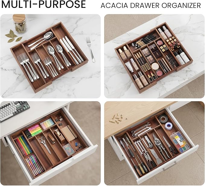 Fibogollo Expandable Acacia Wood Silverware Organizer，5-7 Slots | Adjustable Drawer Organizer,Flatware and Utensils Organizer Tray,Utensil Holder（10.2-16.1 x 13.8 x 2 inch）