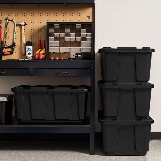 IRIS USA 4-Pack 27 Gal Heavy Duty Storage Tote Bins with Lids, Black | Large-capacity design handles moving, garage storage and bulky equipment, Stackable shape maximizes available space