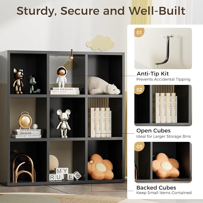 COMHOMA 9 Wood Cube Storage Organizer with Open Back and Removable Back Panels, 11In Black Cube Storage Bookshelf, Cubicle Shelf Bookcase for Home Office Bedroom Living Room, Vertical or Horizontal