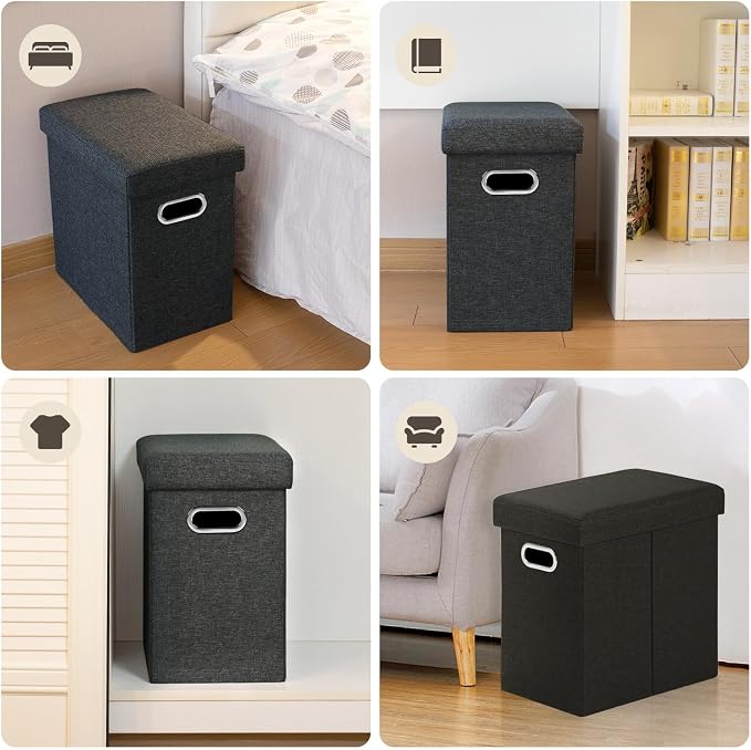 COSYLAND Collapsible Fabric Ottoman Footrest with Storage - Folding Foot Stool Furniture with Handles - Toy Chest Linen Gray - 16.5x16.5x10.6in - Charcoal