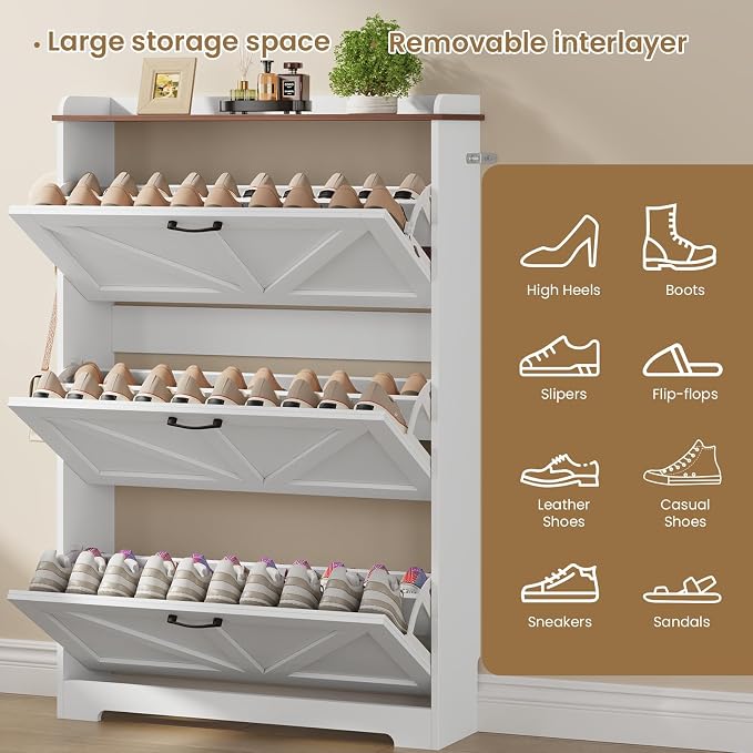 Farmhouse Shoe Cabinet Organizer with 3 Flip Drawers, 31.5" W White | Freestanding shoe cabinet with flip drawers ,space-saving storage for foyer hallway,Adjustable Shelves & 2 Hooks