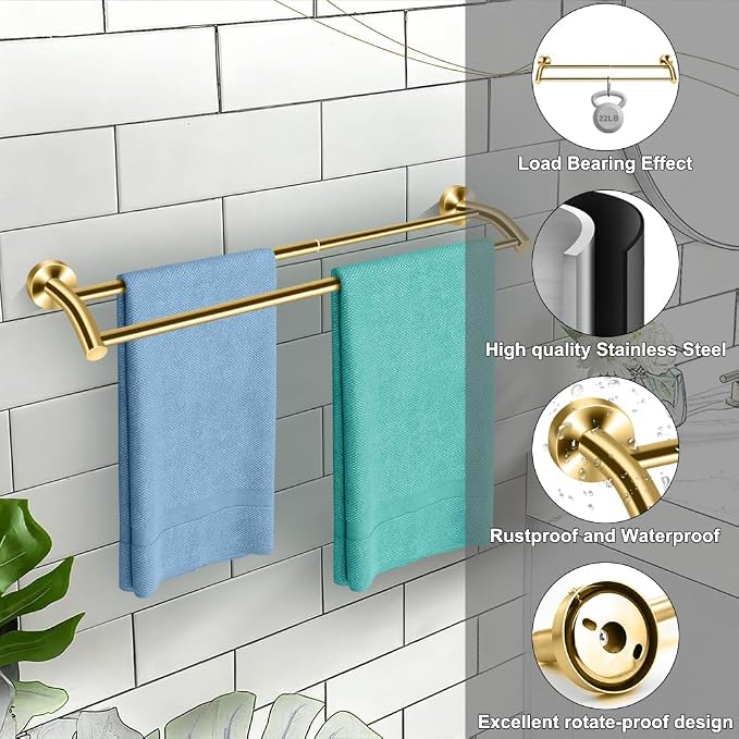 MGahyi Gold Telescopic Double Towel Bar Wall Mount 14.5-24.8Inch | Rustproof Towel Rack with Widened Spacing, Scratch-resistant & Durable for Bathroom Kitchen RV