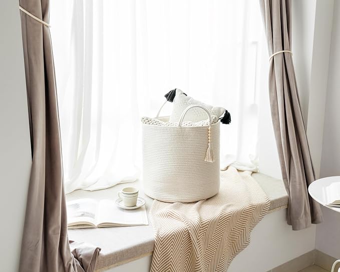Mkono Tall Laundry Basket Woven Decorative Rope Storage Basket Wooden Bead Decoration for Blankets Toys Clothes Shoes Organizer Bin with Handles Living Room Home Decor, 15" W x 17.7" L, White | White, Cotton, Decorative Basket with Handle, Wood Beads T...