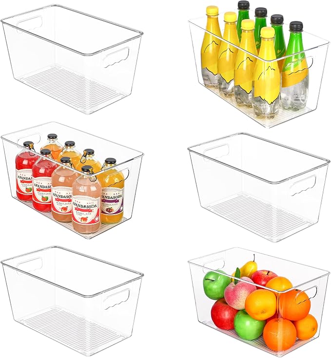 Vtopmart 6 Pack Clear Plastic Storage Bins, Pantry Organizer Containers with Handle for Refrigerator, Fridge, Cabinet, Kitchen, Countertops, Cupboard, Home Organization and Storage, XL