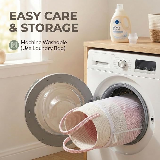 JMvicyroam 115L Extra Large Machine Washable Cotton Rope Blanket Basket | Collapsible laundry hamper, Reinforced handles, For blankets, pillows, toys and clothes, Living room and bedroom, White&Pink