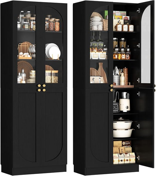 Cyclysio 80" Kitchen Pantry, Tall Arch Storage Cabinet with Tempered Glass & Soft Close Doors, Freestanding Wood Floor Cupboard Bookcase with Seamless Fit Wall for Dining Room, Living Room, Bathroom
