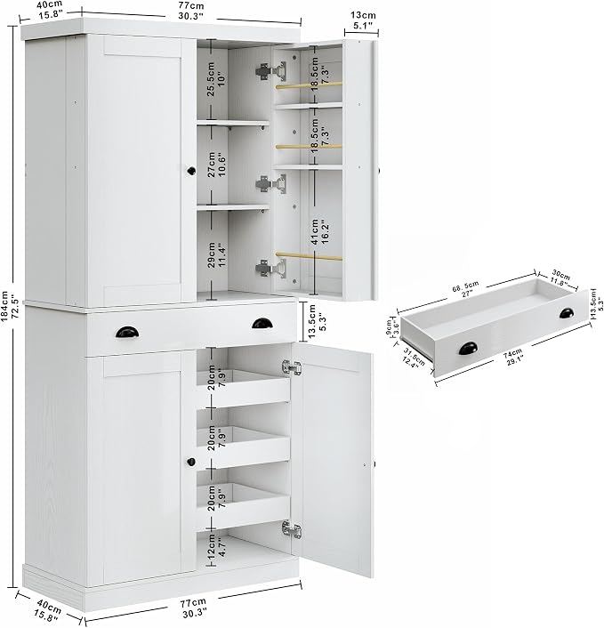 IRONCK 72" Kitchen Pantry Cabinet with Drawer and Sliding Racks, White | White wood pantry cabinet. 6 door shelves. 3 sliding racks. For kitchen, dining room, or hallway.