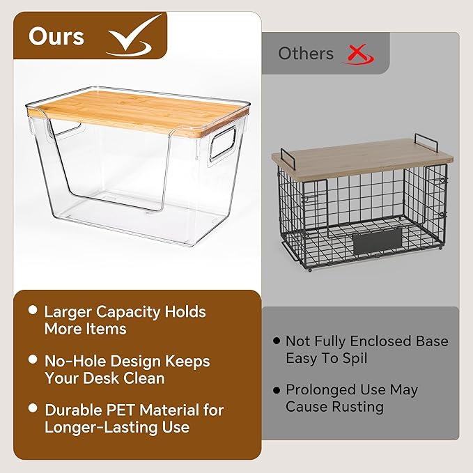 Criusia 3 Set Pantry Organizers and Storage with Bamboo Lids, Stackable Clear Bins for Onion, Potato, Fruit, Vegetables, Trash Bag Dispenser, Kitchen and Under Sink Organizer