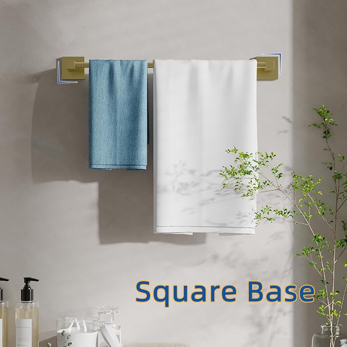 RUACQ Towel Bar 18" Towel Racks for Bathroom Wall Mounted, Brushed Gold | One-Piece Bath Towel Holder, Total Length 20 Inch Single Towel Rod, 304 Stainless Steel Rustproof, Square Base, Heavy Duty