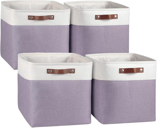 Univivi Cube Storage Bins,Fabric Storage Basket,13 inch,Purple,4 Pack | Large Capacity,Metal Frame,Hard Cardboard Bottom,Foldable,Linen Closet Baskets with PU Handles
