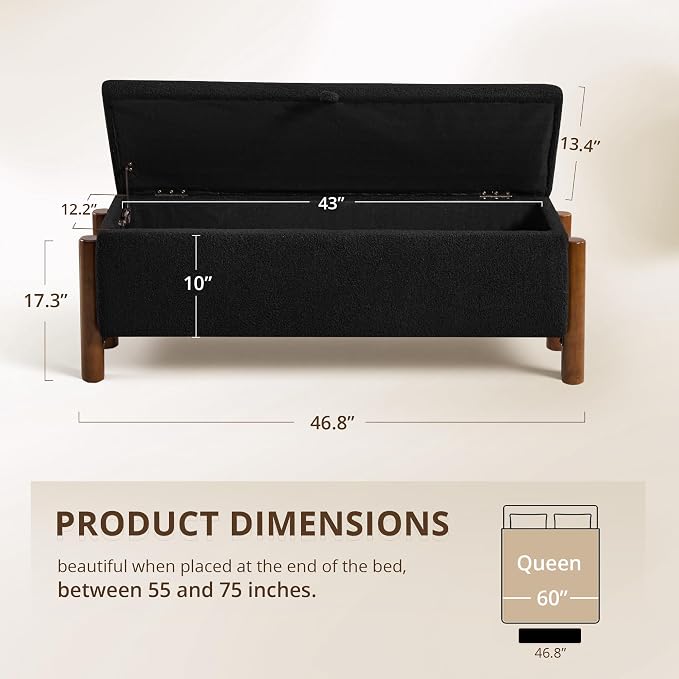 47'' Modern Storage Ottoman Benches with Walnut Wood Legs Ottoman Bench with 22 Gallons Storage Space Fabric Upholstered Seating End of Bed Bench for Bedroom for Livingroom (Black)