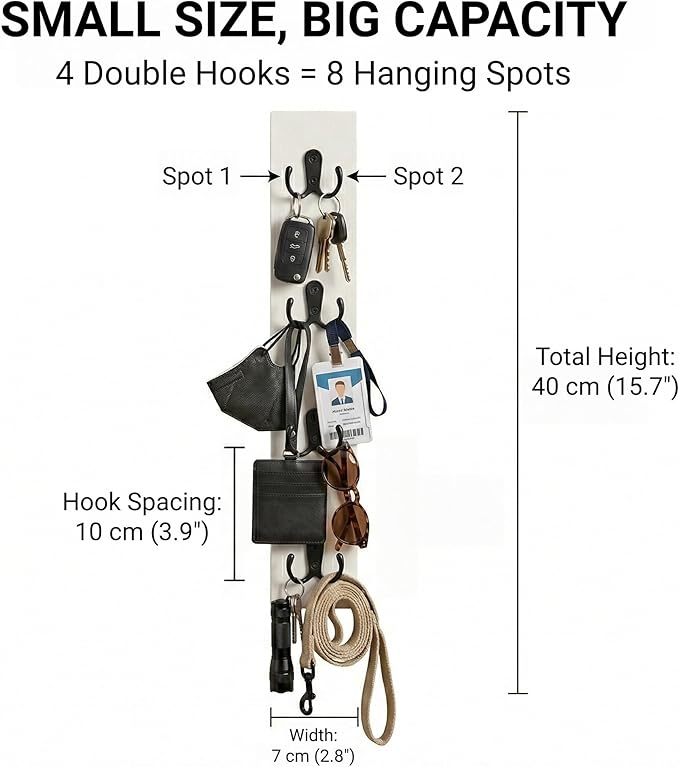 Vertical Key Holder for Wall & Dog Leash Holder – Solid Wood Wall Mount Key Rack with 8 Hooks – Small Space Saving Entryway Organizer for Keys, Lanyards, Masks (Adhesive or Screws) (White)