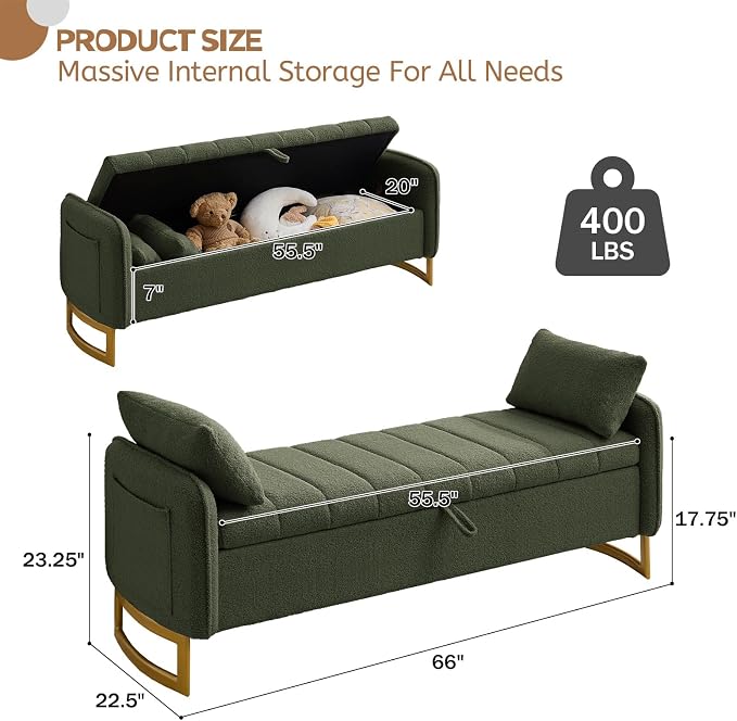 66'' King Size Storage Bench for Bedroom, Teddy Boucle End of Bed Benches for Foot of Bed, Storage Ottoman Bench with Golden Legs and Pockets for Living Room Window Entryway, Green