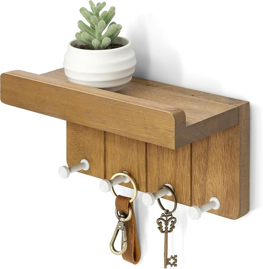Rebee Vision Key Holder Wall Mount with 4 Hooks for Room Decor, Light Brown | 8-Inch, Rustic Key and Mail Holder for Wall, Mail Organizer, Small Floating Shelf, Key Hanger, Home Decor Aesthetic