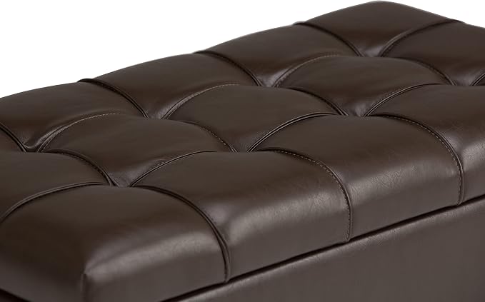 SIMPLIHOME Shiloh 48" Wide Vegan Leather Rectangle Ottoman in Saddle Brown | Transitional ottoman with tufting and lift-up lid; rectangle storage bench for living room or entryway.
