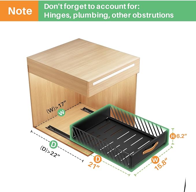 Pull out Cabinet Organizer,Heavy Duty Slide out Pantry Shelves Drawer Storage with Adhesive Nano Film,Sliding Mesh Cabinet Basket with Handle for Kitchen, Bathroom, Home, 15.8"W X 21"D X6.2"H,Black