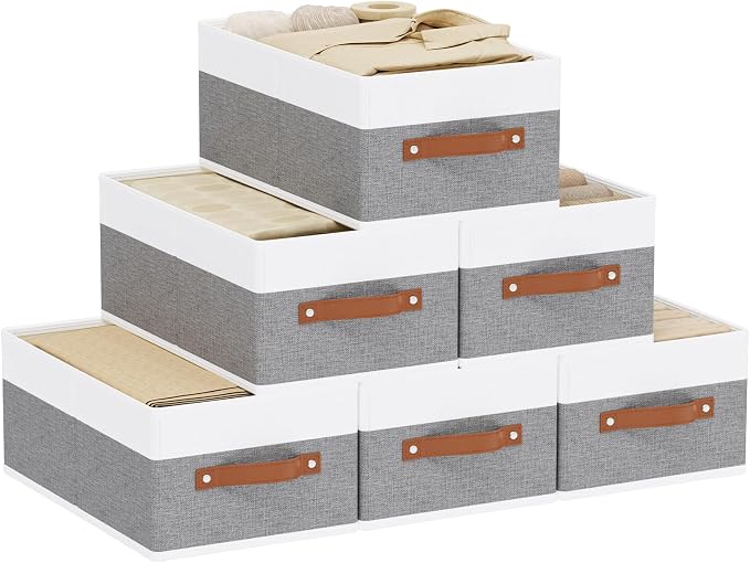 Fabric Storage Boxes,16.1×9.8×6.5In,White/Grey Bins,6Pack | Storage Baskets with Handles,Collapsible Clothing Bins,Fabric Drawers,Closet Organizer for Shelves Wardrobe