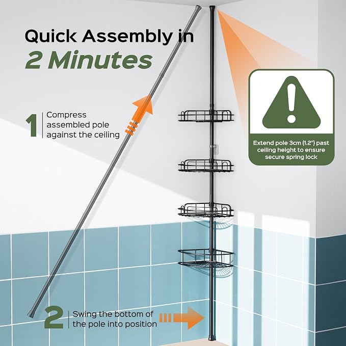 HAMITOR Shower Caddy Tension Pole: 4-Tier Rustproof Bathroom Corner Shelf Organizer for Renters - No Drill Large Shampoo Storage Rack - Adjustable 47-121 Inch - Space Saving Bathtub Accessory - Black