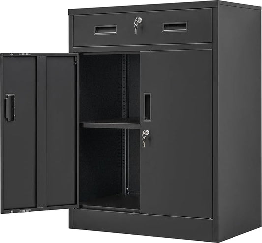 Wanfu Metal Storage Cabinet, 36" H x 28" W x 16" D Locking Cabinet with 1 Drawer and Adjustable Shelf, Metal Cabinets for Office, Garage, Home-Black