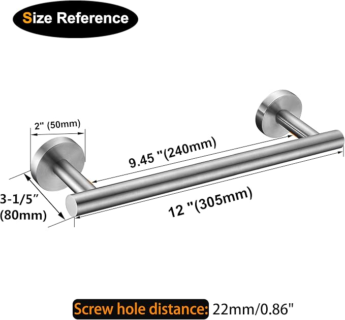 Nolimas 12 Inch Bath Hand Towel Bar SUS 304 Stainless Steel Towel Rod Rack Holder Round Wall Mounted Suit for Kitchen, Living Room&Toilet, Bathroom,Anti Rust Brushed Nickel-2 Pack
