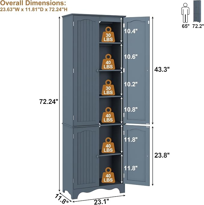 Function Home Tall Pantry Cabinet, Freestanding Storage Cabinet, Wooden Kitchen Pantry with 4 Doors and 5 Shelves, 72" Floor Cabinet Organizer for Kitchen Living Room Bathroom, Grey