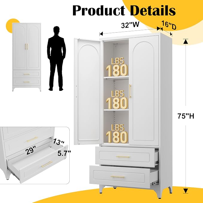 SteeLoong 75" Kitchen Pantry Cabinet, Metal Storage Cabinet with 2 Drawers | White Pantry Cabinets for Kitchen Storage with 2 Adjustable Shelves,Tall Freestanding Cupboard for Living Room,Kitchen,Garage